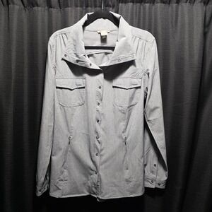 Duluth Trading Co Women Jacket L Gray Snap Button Roll Tab Long Sleeves